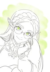 Rule 34 | 1girl, braid, fingerless gloves, glasses, gloves, green background, green eyes, head on hand, lineart, long hair, long sleeves, looking at viewer, nintendo, parted bangs, pointy ears, princess zelda, smile, solo, spot color, the legend of zelda, the legend of zelda: breath of the wild, thick eyebrows, tnp, upper body