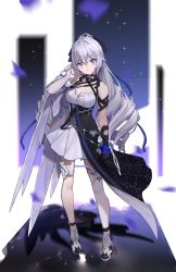 Rule 34 | 1girl, black gloves, breasts, bronya zaychik, bronya zaychik (silverwing: n-ex), cleavage, closed mouth, commentary request, dress, expressionless, finanl, full body, gloves, grey eyes, grey hair, hair between eyes, hair ornament, highres, honkai (series), honkai impact 3rd, long hair, looking at viewer, medium breasts, single thighhigh, sleeveless, sleeveless dress, solo, standing, thighhighs, white dress, white gloves, white thighhighs