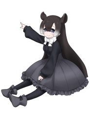 Rule 34 | 10s, 1girl, animal ears, black footwear, black pantyhose, black shirt, blue eyes, boots, bow, bowtie, brown hair, bubble skirt, center frills, character request, extra ears, frilled skirt, frills, full body, grey skirt, hair between eyes, high-waist skirt, ise (0425), kemono friends, long hair, long sleeves, multicolored hair, outstretched arm, pantyhose, pointing, puffy sleeves, shirt, simple background, sitting, skirt, smile, solo, very long hair, white background, white bow, white bowtie, white hair