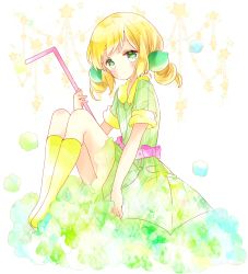 Rule 34 | 1girl, :o, bad id, bad pixiv id, blonde hair, blush, boots, bow, collared dress, commentary, dress, drinking straw, food, food-themed hair ornament, fruit, green dress, green eyes, hair ornament, head tilt, highres, holding, knee boots, lime (fruit), long hair, looking at viewer, original, oversized object, parted lips, pink bow, short sleeves, sitting, sleeves rolled up, solo, star (symbol), striped clothes, striped dress, tsukiyo (skymint), twintails, vertical-striped clothes, vertical-striped dress, water drop, yellow footwear