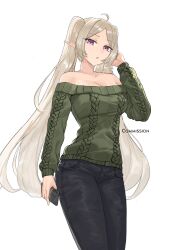 Rule 34 | 1girl, absurdres, ahoge, ai-bon, bare shoulders, black pants, breasts, cellphone, character request, cleavage, commentary, commission, copyright request, cowboy shot, green sweater, hand up, highres, holding, holding phone, large breasts, long hair, long sleeves, looking at viewer, off-shoulder sweater, off shoulder, pants, parted lips, phone, pointy ears, purple eyes, smartphone, solo, standing, sweater, thighs, twintails, very long hair, white hair