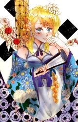 Rule 34 | 1girl, aqua kimono, artist name, artist request, ayase eli, bare shoulders, blonde hair, blue eyes, blush, breasts, cleavage, fan, female focus, floral print, flower, flower print, folding fan, hair between eyes, hair flower, hair ornament, hand fan, highres, holding, holding fan, japanese clothes, kimono, long hair, looking at viewer, love live!, love live! school idol project, parted lips, short hair, small breasts, smile, solo, white background, white flower