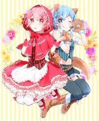 Rule 34 | 1boy, 1girl, animal ears, bad id, bad pixiv id, big bad wolf, big bad wolf (cosplay), blue eyes, blue hair, blush, braid, brother and sister, cosplay, dorothy west, full body, grimm&#039;s fairy tales, highres, hood, reona west, little red riding hood, little red riding hood (grimm), little red riding hood (grimm) (cosplay), mgmgkyun, mole, mole under eye, open mouth, pink eyes, pink hair, pretty series, pripara, short hair, siblings, smile, tail, trap, twins, wolf ears, wolf paws, wolf tail
