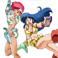 Rule 34 | 1990s (style), 2girls, armlet, boots, bracelet, breasts, cleavage, crop top, dark-skinned female, dark skin, dirty pair, earrings, energy gun, feet out of frame, floating hair, gloves, gun, hand on own hip, headband, holster, jewelry, kei (dirty pair), long hair, looking at viewer, midriff, multiple girls, navel, non-web source, official art, open mouth, outstretched arm, photoshop (medium), ray gun, red eyes, red hair, retro artstyle, short hair, simple background, single glove, teeth, upper teeth only, weapon, white background, yellow gloves, yuri (dirty pair)