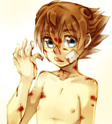 Rule 34 | 1boy, bad id, bad pixiv id, blood, brown hair, cr72, inazuma eleven, inazuma eleven (series), inazuma eleven go, injury, male focus, matsukaze tenma, nipples, short hair, solo, tongue, topless male, upper body