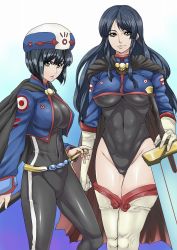Rule 34 | 2girls, abs, age difference, aged up, belt, black hair, bob cut, bodysuit, boots, breasts, brown eyes, cape, capelet, chloe valens, cholesenel, closed mouth, covered erect nipples, covered navel, crop top, dual persona, elbow gloves, from side, gloves, gradient background, groin, highleg, highleg leotard, huge weapon, impossible bodysuit, impossible clothes, large breasts, leotard, light smile, lips, long hair, long sleeves, looking at viewer, mature female, mole, mole under mouth, multiple girls, muscular, open clothes, parted bangs, parted lips, sheath, sheathed, short hair, sidelocks, single vertical stripe, skin tight, standing, sword, tales of (series), tales of legendia, thigh boots, thigh gap, thighhighs, thighs, time paradox, turtleneck, weapon, white footwear, white gloves, white legwear, yellow eyes