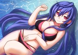 Rule 34 | 1girl, bare shoulders, bikini, blue hair, blush, breasts, earrings, from above, hair between eyes, iris heart, jewelry, kami jigen game neptune v, large breasts, long hair, looking at viewer, lying, neptune (series), novus rue, on back, partially submerged, pink eyes, power symbol, power symbol-shaped pupils, solo, swimsuit, symbol-shaped pupils, water