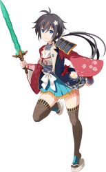 Rule 34 | 1girl, antenna hair, artist request, black hair, blue eyes, blue skirt, flower, full body, hair flower, hair ornament, holding, holding sword, holding weapon, kiyosu (oshiro project), long hair, looking at viewer, low-tied long hair, multicolored hair, official art, oshiro project:re, oshiro project:re, pleated skirt, red hair, skirt, smile, sword, thighhighs, transparent background, two-tone hair, weapon