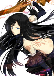 Rule 34 | 1girl, absurdres, ass, backless outfit, bad id, bad pixiv id, bare back, bare shoulders, black hair, blue eyes, bridal gauntlets, butt crack, castlevania (series), castlevania: order of ecclesia, choker, elbow gloves, gloves, goth fashion, highres, lance, long hair, nakabayashi reimei, polearm, shanoa, simple background, solo, tattoo, very long hair, weapon