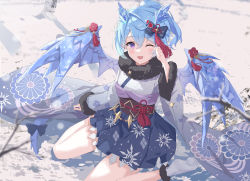 Rule 34 | 1girl, black bow, blue hair, blue wings, blush, bow, commentary request, dragon girl, dragon wings, fang, fur-trimmed kimono, fur-trimmed legwear, fur trim, furisode, hair between eyes, hair bow, highres, horns, japanese clothes, kimono, looking at viewer, one eye closed, open mouth, outdoors, pointy ears, ponytail, princess connect!, purple eyes, sash, serika, sheffy (new year) (princess connect!), sheffy (princess connect!), short hair, sitting, skin fang, snow, socks, solo, tail, wariza, wings