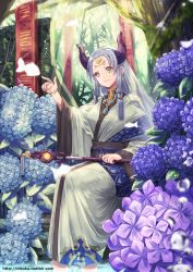 Rule 34 | 1girl, animal, blue flower, closed mouth, commentary request, curled horns, day, earrings, facial mark, fish, flower, forehead mark, forest, grey hair, grey kimono, head tilt, holding, holding staff, horns, hydrangea, ittokyu, japanese clothes, jewelry, kimono, long hair, long sleeves, looking away, nature, obi, original, outdoors, parted bangs, purple flower, sash, sidelocks, smile, soaking feet, solo, staff, tree, water, watermark, web address, wide sleeves, yellow eyes