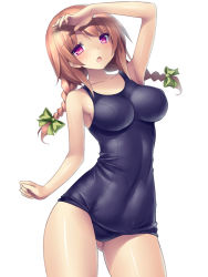 Rule 34 | 1girl, :o, arm up, blush, bow, braid, breasts, brown hair, contrapposto, covered navel, cowboy shot, hair bow, hair ribbon, long hair, one-piece swimsuit, open mouth, original, purple eyes, ribbon, school swimsuit, simple background, skin tight, solo, standing, swimsuit, tsukumiya amane, twin braids, white background