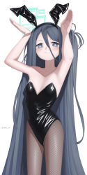 Rule 34 | absurdres, animal ears, aris (blue archive), armpits, blue archive, blue eyes, blue hair, fishnets, hair between eyes, halo, highres, leotard, long hair, looking at viewer, playboy bunny, rabbit ears, rabbit pose, side ponytail, smile, strapless, very long hair, vialle, white background