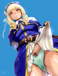 Rule 34 | 1girl, absurdres, bad id, bad pixiv id, belt, blonde hair, blush, bow, bow panties, breasts, cameltoe, cleft of venus, clothes lift, crotch seam, dress, dress lift, drill hair, emma (kouya no kotobuki hikoutai), female pubic hair, fingerless gloves, gloves, goggles, goggles on head, hero neisan, highres, huge filesize, jacket, kouya no kotobuki hikoutai, large breasts, lifted by self, long hair, looking at viewer, panties, pubic hair, pubic hair peek, pussy juice stain, signature, sky, smile, stained panties, twin drills, underwear, wet, wet clothes, wet panties, yellow eyes