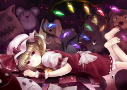 Rule 34 | 1girl, ascot, barefoot, blonde hair, blush, candy, checkered floor, embodiment of scarlet devil, feet, female focus, flandre scarlet, food, glowing, glowing wings, hat, legs up, light smile, looking at viewer, lying, minato (shouno), on floor, on stomach, red eyes, short hair, side ponytail, smile, soles, solo, stuffed animal, stuffed toy, teddy bear, the pose, toes, touhou, wings, wrist cuffs