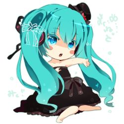 Rule 34 | 1girl, aqua eyes, aqua hair, bad id, bad pixiv id, butterfly wings, chibi, dress, hat, hatsune miku, headphones, insect wings, itamidome, long hair, magnet (vocaloid), mini hat, mini top hat, solo, top hat, twintails, vocaloid, wings