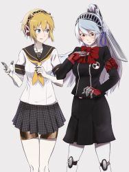 Rule 34 | 2girls, aegis (persona), android, aqua hair, artist request, blonde hair, bow, bowtie, cosplay, costume switch, highres, joints, labrys (persona), multiple girls, persona, persona 3, persona 4: the ultimate in mayonaka arena, ponytail, robot joints, school uniform, simple background, skirt