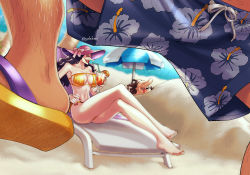 Rule 34 | 1boy, 1girl, beach, bikini, black hair, breasts, catarina devon, drink, faceless, faceless male, female focus, hat, large breasts, lipstick, looking at viewer, makeup, mature female, ocean, one piece, ponytail, smile, sun hat, swimsuit, third-party edit, vasco shot, yellow eyes