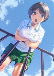 Rule 34 | 1girl, blue sky, blush, breasts, brown eyes, brown hair, clothes writing, cloud, collared shirt, crossed arms, day, from below, green shorts, gym shirt, gym shorts, gym uniform, highres, looking at viewer, looking down, medium breasts, original, outdoors, pairan, railing, shirt, short hair, short sleeves, shorts, sky, solo, standing, swept bangs, white shirt