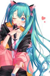 Rule 34 | 1girl, ;d, aqua hair, black shorts, blue eyes, blue hair, blue ribbon, blush, bracelet, braid, braided bangs, cable, commentary, cropped, green hair, hair ornament, hairclip, hatsune miku, heart, highres, holding, holding microphone stand, hood, hood down, hoodie, ion (on01e), jewelry, long hair, long sleeves, looking at viewer, microphone stand, multicolored hair, one eye closed, open mouth, pink hair, pink ribbon, ribbon, see-through, shorts, simple background, single braid, smile, solo, spaghetti strap, streaked hair, symbol-only commentary, thighhighs, twintails, two-sided fabric, very long hair, vocaloid, white background, white thighhighs, zipper pull tab