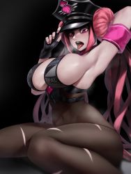Rule 34 | 1girl, arm behind head, arm up, armband, armpits, bare shoulders, beret, between breasts, black background, black hat, bluecup, bodystocking, bodysuit, breasts, brown bodysuit, character request, cleavage, cosplay, covered navel, double bun, fate/grand order, fate (series), fine fabric emphasis, fingernails, hair bun, hand on headwear, hat, highres, large breasts, long hair, looking at viewer, necktie, necktie between breasts, open mouth, original, pink eyes, pink hair, pink necktie, sesshouin kiara (swimsuit mooncancer) (cosplay), sessyoin kiara, sessyoin kiara (swimsuit mooncancer), sessyoin kiara (swimsuit mooncancer) (second ascension), sideboob, sidelocks, simple background, sitting, skindentation, solo, sweat, teeth, tongue, tongue out, torn bodysuit, torn clothes, upper teeth only, very long hair, wariza