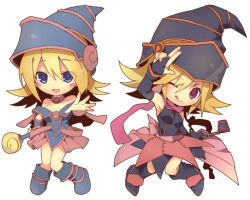 Rule 34 | 2girls, :p, blonde hair, blue eyes, blue footwear, boots, chibi, dark magician girl, duel monster, gagaga girl, hat, ju-zika, multiple girls, one eye closed, outstretched hand, pentacle, red eyes, simple background, staff, tongue, tongue out, wink, yu-gi-oh!, yu-gi-oh! duel monsters, yu-gi-oh! zexal, yuu-gi-ou, yuu-gi-ou zexal