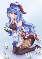 Rule 34 | absurdres, ahoge, artist name, bare shoulders, bell, black gloves, black legwear, blue hair, blush, breasts, chinese knot, detached sleeves, flower, flower knot, ganyu (genshin impact), genshin impact, gloves, gold trim, highres, holding, holding flower, horns, larraly, long hair, looking at viewer, low ponytail, medium breasts, neck bell, no shoes, parted lips, purple eyes, red rope, rope, seiza, sidelocks, sitting, solo, tassel, thighlet, twitter username, vision (genshin impact), white flower, white sleeves