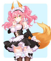 Rule 34 | 1girl, \\n/, animal ears, apron, bad id, bad pixiv id, black bow, black dress, blue background, blush, bow, bow panties, breasts, brown thighhighs, closed mouth, commentary request, cowboy shot, detached sleeves, dress, fate/grand order, fate (series), fox ears, fox girl, fox tail, frilled apron, frilled thighhighs, frills, hair between eyes, highres, large breasts, long hair, long sleeves, maid, maid headdress, official alternate costume, panties, pink hair, pleated dress, shiosoda, sleeveless, sleeveless dress, smile, solo, tail, tamamo (fate), tamamo no mae (fate/extra), tamamo no mae (tailmaid strike) (fate), thighhighs, twintails, two-tone background, underwear, waist apron, white apron, white background, white panties, yellow eyes