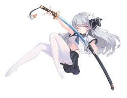 1girl black_panties black_ribbon black_sailor_collar black_skirt blue_neckerchief blunt_bangs breast_pocket commentary commission cropped_shirt english_commentary full_body grey_hair hair_ornament hair_ribbon highleg highleg_panties highres holding holding_sword holding_weapon katana long_hair looking_at_viewer midriff miniskirt navel neckerchief nes_i7 original panties pantyhose pleated_skirt pocket rabbit_charm rabbit_hair_ornament ribbon sailor_collar sheath shirt short_sleeves sidelocks simple_background skirt solo sword thick_eyebrows thighband_pantyhose underwear unsheathing weapon white_background white_pantyhose white_shirt