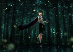 Rule 34 | 1girl, absurdres, antennae, black cape, cape, collared shirt, commentary request, fireflies, forest, glowing, green hair, hair between eyes, highres, juliet sleeves, loafers, long sleeves, luke (kyeftss), nature, night, open mouth, outdoors, puffy sleeves, shirt, shoes, short hair, shorts, smile, socks, solo, touhou, tree, white shirt, white socks, wriggle nightbug