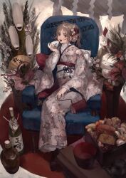 Rule 34 | 1girl, black eyes, commentary request, floral print, flower, food, full body, hair flower, hair ornament, highres, japanese clothes, kimono, looking at viewer, original, ozyako, sidelocks, solo, white flower