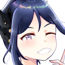 Rule 34 | 1girl, artist name, artist request, black feathers, blue hair, blush, feather hair ornament, feathers, female focus, hair between eyes, hair ornament, highres, long hair, looking at viewer, love live!, love live! sunshine!!, matsuura kanan, one eye closed, parted lips, ponytail, purple eyes, smile, solo, upper body, urara (uraranetto), uraranetto, water blue new world, white background
