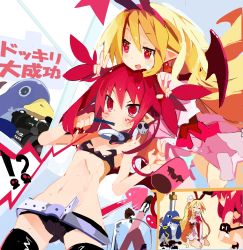 Rule 34 | !?, 2girls, @ @, animal ears, belt, bikini, bikini top only, blonde hair, blush stickers, boots, bow, brushing teeth, choker, closed eyes, cup, demon girl, demon tail, demon wings, disgaea, disgaea d2, double v, earrings, etna (disgaea), flat chest, flonne, flonne (fallen angel), giving up the ghost, gluteal fold, hair down, halo, head bump, heart, heart earrings, highres, jewelry, knife, knife in head, long hair, makeup brush, medium hair, miyakawa106, mug, multiple girls, navel, nightgown, o-ring, o-ring choker, object through head, open mouth, pointy ears, prinny, rabbit ears, red eyes, red hair, ribs, seiza, short shorts, shorts, sidelocks, sitting, skull earrings, smile, sparkling eyes, surprised, sweat, swimsuit, tail, thigh boots, thighhighs, toothbrush, translated, twintails, v, video camera, white belt, wings, zettai ryouiki