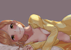Rule 34 | 1girl, arez (user wht7855), blush, breasts, brown eyes, brown hair, eyepatch, highres, kunikida hanamaru, long hair, looking at viewer, love live!, love live! sunshine!!, lying, medium breasts, on side, open clothes, simple background, smile, solo