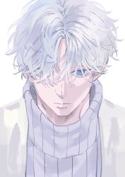 Rule 34 | 1boy, blue eyes, closed mouth, hair between eyes, highres, jacket, korean commentary, looking at viewer, male focus, mmmiaa, parted bangs, sakamoto days, simple background, solo, turtleneck, upper body, uzuki (sakamoto days), white background, white hair, white jacket