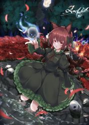 Rule 34 | absurdres, animal ears, bow, braid, cat ears, cat tail, dress, extra ears, fire, flower, footwear bow, frilled dress, frilled sleeves, frills, full moon, green bow, green dress, green footwear, green ribbon, hair bow, highres, hitodama, juliet sleeves, kaenbyou rin, leg ribbon, long hair, long sleeves, mary janes, moon, multiple tails, nekomata, outstretched hand, petals, puffy sleeves, red eyes, red hair, ribbon, sadil, shoes, skull, solo, stone, tail, touhou, tree, twin braids, water