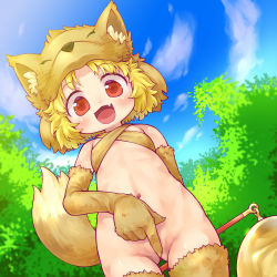Rule 34 | 1girl, :d, absurdres, animal hat, arm behind back, bell, blonde hair, blue sky, blush, cloud, commentary request, commission, covering privates, covering crotch, cowboy shot, day, fang, flat chest, fox girl, fox hat, fox tail, halterneck, hat, highres, holding, holding staff, looking at viewer, looking down, moonlight flower, navel, open mouth, outdoors, paid reward available, ragnarok online, red eyes, sakurabe notos, second-party source, short hair, skeb commission, skin fang, sky, smile, solo, staff, tail, tree