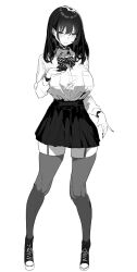 Rule 34 | black choker, black hair, black skirt, bow, breast pocket, breasts, cellphone, choker, collared shirt, garter straps, greyscale, heart, heart choker, highres, holding, holding phone, large breasts, light blush, long hair, looking at viewer, monochrome, phone, pleated skirt, pocket, shadow, shirt, shirt tucked in, shoes, simple background, skirt, smartphone, standing, thighhighs, white background, xiaoluo xl