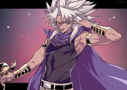 Rule 34 | 1boy, armlet, belt, big hair, black belt, cape, commentary request, dark-skinned male, dark skin, hand up, jewelry, looking at viewer, male focus, millennium rod, open mouth, pants, purple cape, shirt, sleeveless, sleeveless shirt, smile, solo, spiked hair, teeth, tongue, tongue out, upper teeth only, veins, white hair, yami marik, yazaki (yazakc), yu-gi-oh!, yu-gi-oh! duel monsters