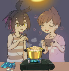 Rule 34 | 2boys, black hair, blush, bowl, brown hair, chopsticks, closed eyes, commentary, cooking, cooking pot, creatures (company), crossed bangs, florian (pokemon), food, game freak, hair between eyes, highres, holding, holding bowl, holding chopsticks, instant ramen, kieran (pokemon), male focus, mole, mole on neck, multiple boys, nintendo, noodles, open mouth, pack noodles, parted lips, pink shirt, pokemon, pokemon sv, portable stove, purple hair, riko990248, saliva, shirt, simple background, steam, striped tank top, symbol-only commentary, tank top, upper body, yellow eyes