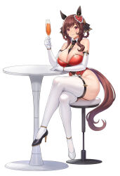 Rule 34 | 1girl, alternate costume, animal ears, arm support, ass, asymmetrical footwear, bare shoulders, between breasts, black necktie, braid, breasts, brown hair, chair, commentary, covered navel, crossed legs, cup, detached collar, dot nose, ear covers, elbow gloves, english commentary, gentildonna (umamusume), gloves, grin, hair between eyes, hair ornament, hand up, high heels, highleg, highleg leotard, highres, holding, holding cup, horse ears, horse girl, horse tail, large breasts, leotard, long hair, looking at viewer, mismatched footwear, necktie, necktie between breasts, red eyes, shiny skin, sidelocks, simple background, sitting, smile, solo, stool, table, tail, thighhighs, thighs, umamusume, unfinished, v-shaped eyebrows, vococo, white background, white gloves, white thighhighs