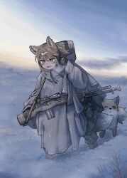 1girl absurdres animal_ears arm_up battle_rifle black_gloves brown_eyes brown_hair canteen fox fox_ears fox_girl fox_girl_(yihan_world) fox_tail gloves gun highres jacket long_sleeves m14 medium_hair open_mouth original outdoors parka rifle scope sky snow solo tail weapon white_jacket yihan_world