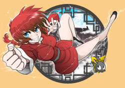 Rule 34 | 1girl, animal, bare legs, blue eyes, blush, braid, breasts, cameltoe, chinese clothes, full body, hibiki ryouga, jumping, large breasts, long hair, looking at another, looking at viewer, osaru, p-chan, partially visible vulva, pig, punching, ranma-chan, ranma 1/2, shiny skin, single braid, smile, teeth, twintails, two side up