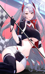 Rule 34 | 1girl, absurdres, antenna hair, arm support, artist name, azur lane, belt, black gloves, black jacket, black shirt, black skirt, black thighhighs, breasts, checkered flag, clothing cutout, collarbone, collared shirt, commentary, cowboy shot, crop top, cropped jacket, cropped shirt, day, earpiece, flag, gloves, hair between eyes, half gloves, headgear, highleg, highleg panties, highres, holding, holding flag, jacket, large breasts, long hair, looking at viewer, midriff, multicolored hair, navel, official alternate costume, open clothes, open jacket, outdoors, panties, parted bangs, parted lips, prinz eugen (azur lane), prinz eugen (final lap) (azur lane), race queen, raitho, red hair, red panties, shadow, shirt, short sleeves, sidelocks, silver hair, sitting, skindentation, skirt, sleeveless, sleeveless shirt, smile, solo, streaked hair, swept bangs, taut clothes, taut shirt, thighhighs, two-tone skirt, two side up, underboob, underboob cutout, underwear, very long hair, white belt, white skirt, yellow eyes, yokozuwari, zettai ryouiki