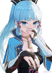 Rule 34 | 1girl, absurdres, aquilar, arm guards, armor, artist name, ayaka (genshin impact), blue eyes, blue hair, blue jacket, blue nails, blunt bangs, blunt tresses, breastplate, breasts, bridal gauntlets, cleavage, collarbone, covering own mouth, dou, flower knot, genshin impact, hair ribbon, high ponytail, highres, jacket, japanese armor, kote, long hair, looking at viewer, medium breasts, mole, mole under eye, nail polish, neck tassel, ponytail, ribbon, simple background, solo, tearing up, tears, tress ribbon, upper body, white background