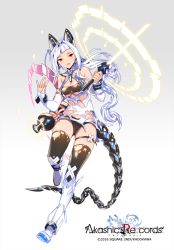 Rule 34 | 1girl, akashic re:cords, black panties, black thighhighs, blush, boots, bottle, breasts, card, cleavage, commentary, copyright name, elbow gloves, empew, floating, floating object, floating sword, floating weapon, gloves, gradient background, grey background, long hair, looking at viewer, mecha musume, mechanical ears, mechanical tail, multiple swords, open mouth, original, panties, red eyes, sake bottle, shiny clothes, silver hair, solo, strap, strapless, sword, tail, thighhighs, torn clothes, torn thighhighs, tube top, underwear, wavy hair, weapon, white background, white gloves