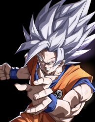 Rule 34 | alternate form, black background, blue shirt, blurry, blurry background, clenched hand, commentary, dougi, dragon ball, dragon ball super, dragon ball super super hero, fighting stance, gohan beast, highres, long hair, male focus, orange pants, orange shirt, pants, parted lips, red eyes, shirt, simple background, sleeveless, sleeveless shirt, smirk, son goku, spiked hair, teeth, tkht 9315, white hair