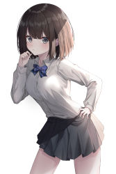 Rule 34 | 1girl, absurdres, black skirt, blue bow, bob cut, bow, bowtie, breasts, brown hair, closed mouth, collared shirt, colored eyelashes, dress shirt, grey eyes, hand on own hip, highres, leaning forward, looking at viewer, medium breasts, original, pleated skirt, shadow, shirt, short hair, simple background, skirt, solo, white background, white shirt, ximya