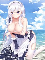 Rule 34 | 1girl, apron, azur lane, bare arms, bare shoulders, belfast (azur lane), blue dress, blue gloves, blue sky, blush, braid, breasts, cleavage, closed mouth, cloud, collarbone, commentary request, day, dress, elbow gloves, gloves, horizon, kneeling, large breasts, long hair, looking at viewer, maid, maid headdress, no shoes, ocean, outdoors, pantyhose, purple eyes, rong yi tan, shallow water, silver hair, single elbow glove, sky, sleeveless, sleeveless dress, solo, torn clothes, torn dress, torn pantyhose, very long hair, waist apron, water, wavy mouth, wet, wet clothes, wet dress, wet pantyhose, white apron, white pantyhose