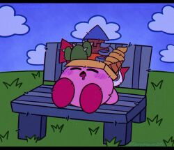 Rule 34 | bad id, bad tumblr id, bench, closed eyes, clutter needle kirby, drooling, grass, highres, kirby, kirby (series), kirby and the forgotten land, needle kirby, nintendo, open mouth, sleeping, twitter username